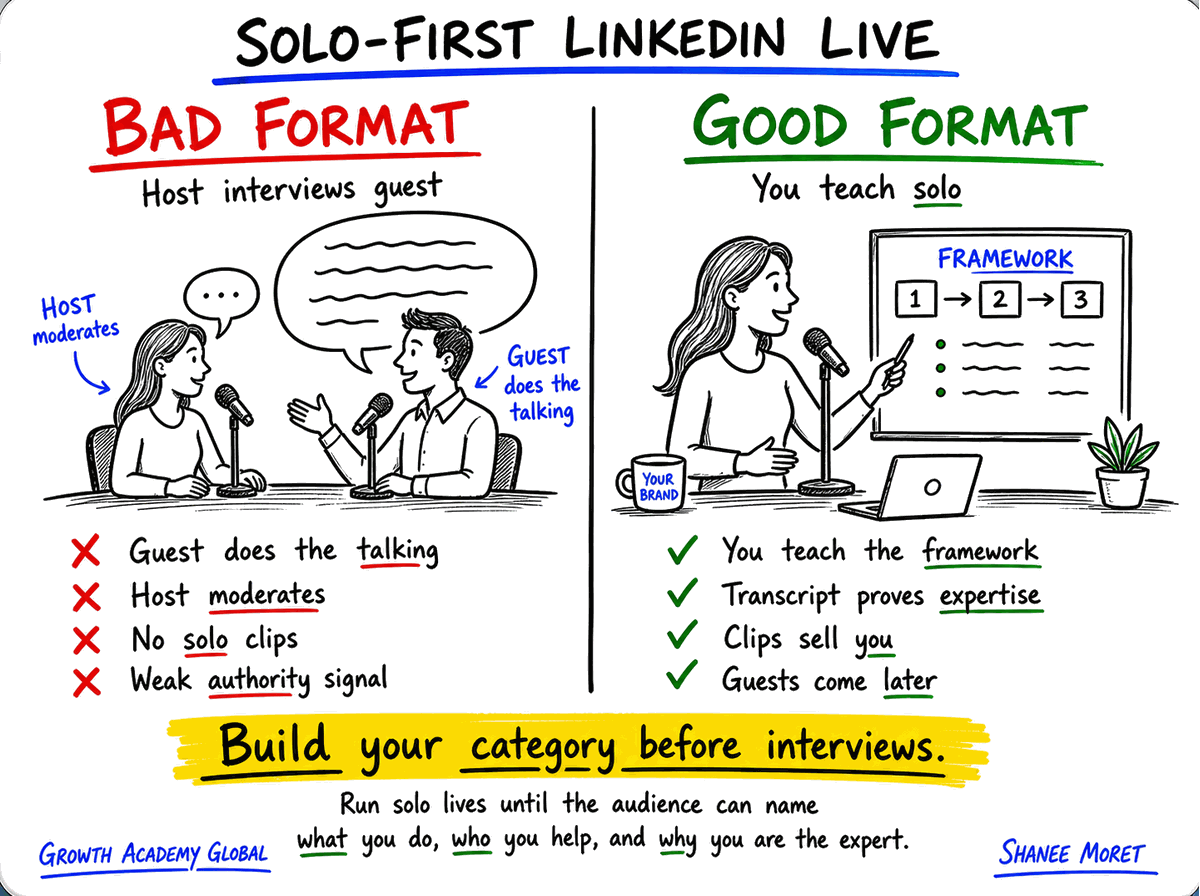 Diagram comparing interview-first LinkedIn Lives with solo-first LinkedIn Lives that build the host framework.
