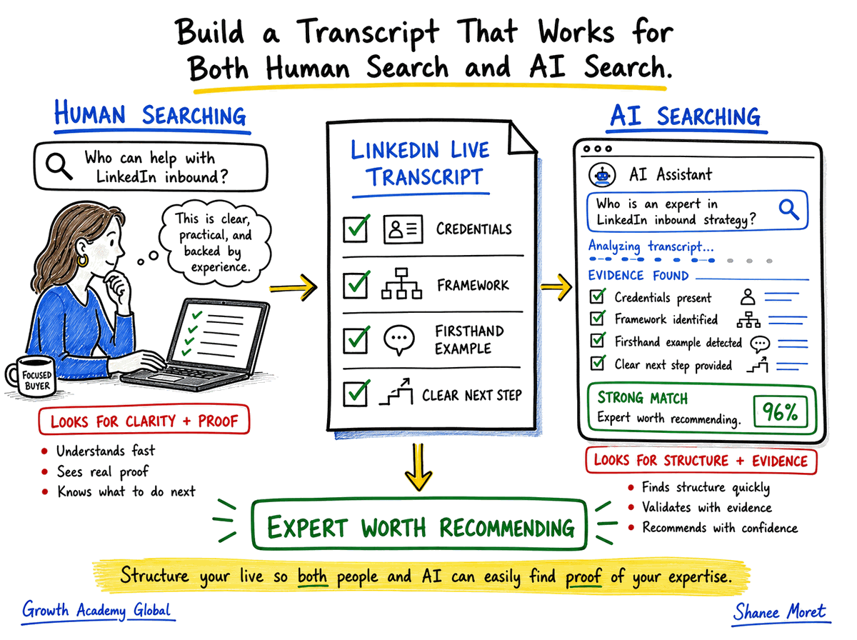 Diagram showing the transcript elements that help both human buyers and AI agents understand expertise.