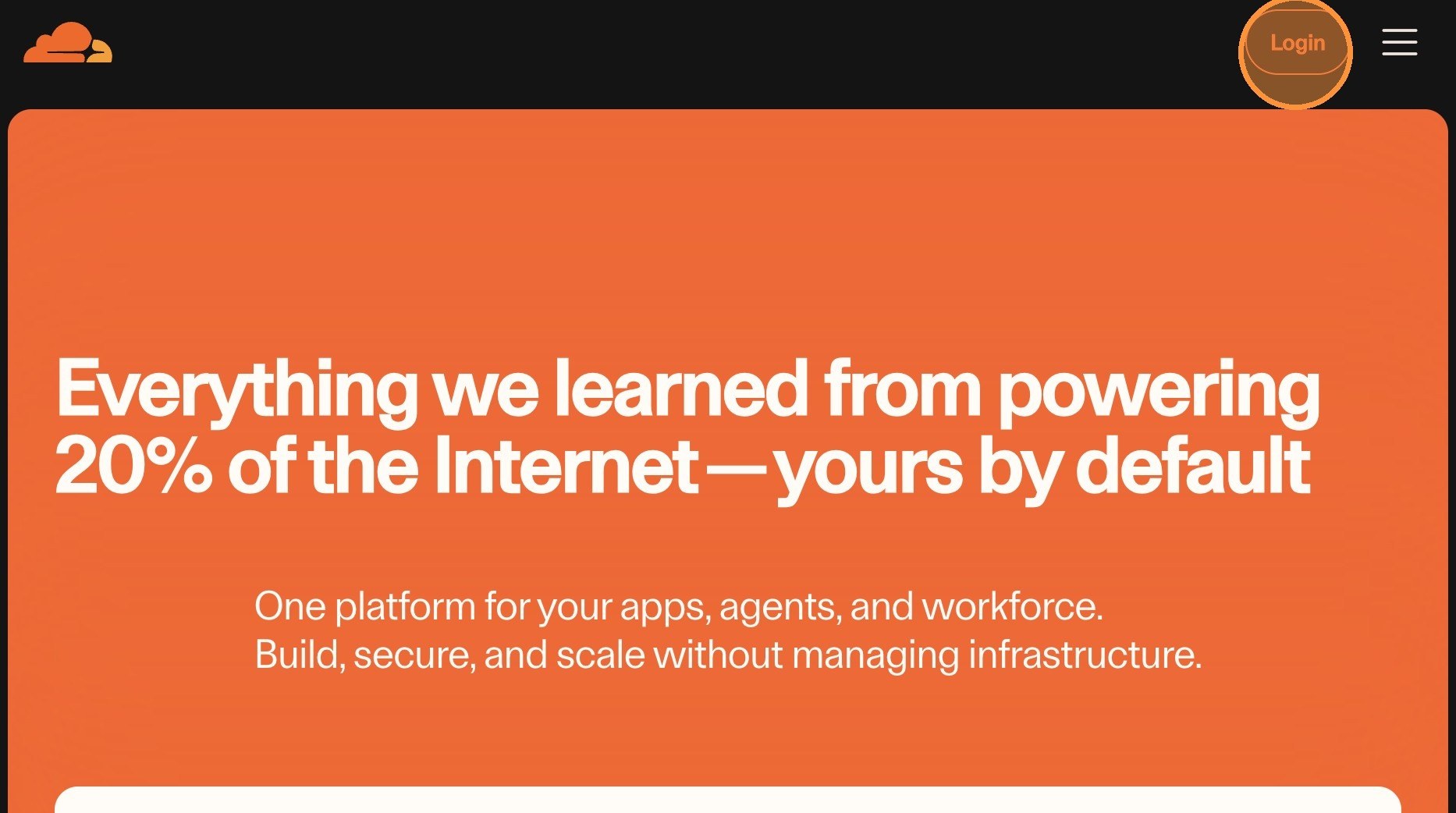 Cloudflare homepage with Login selected