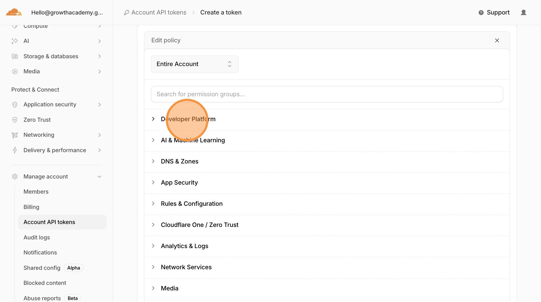 Cloudflare token template category showing Developer Platform