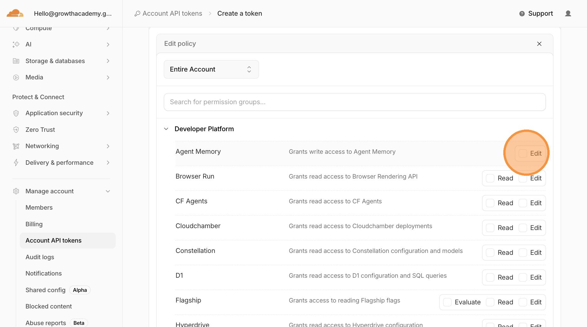 Cloudflare token permission checklist with Read Edit and Evaluate controls