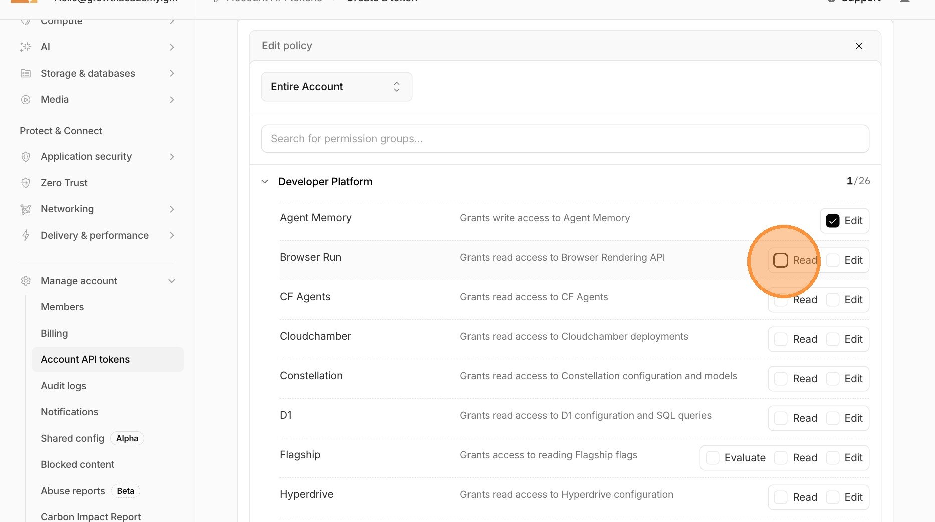 Cloudflare token permissions checked