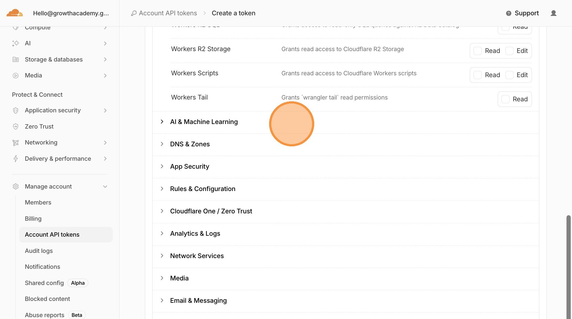 Cloudflare token permission subcategories