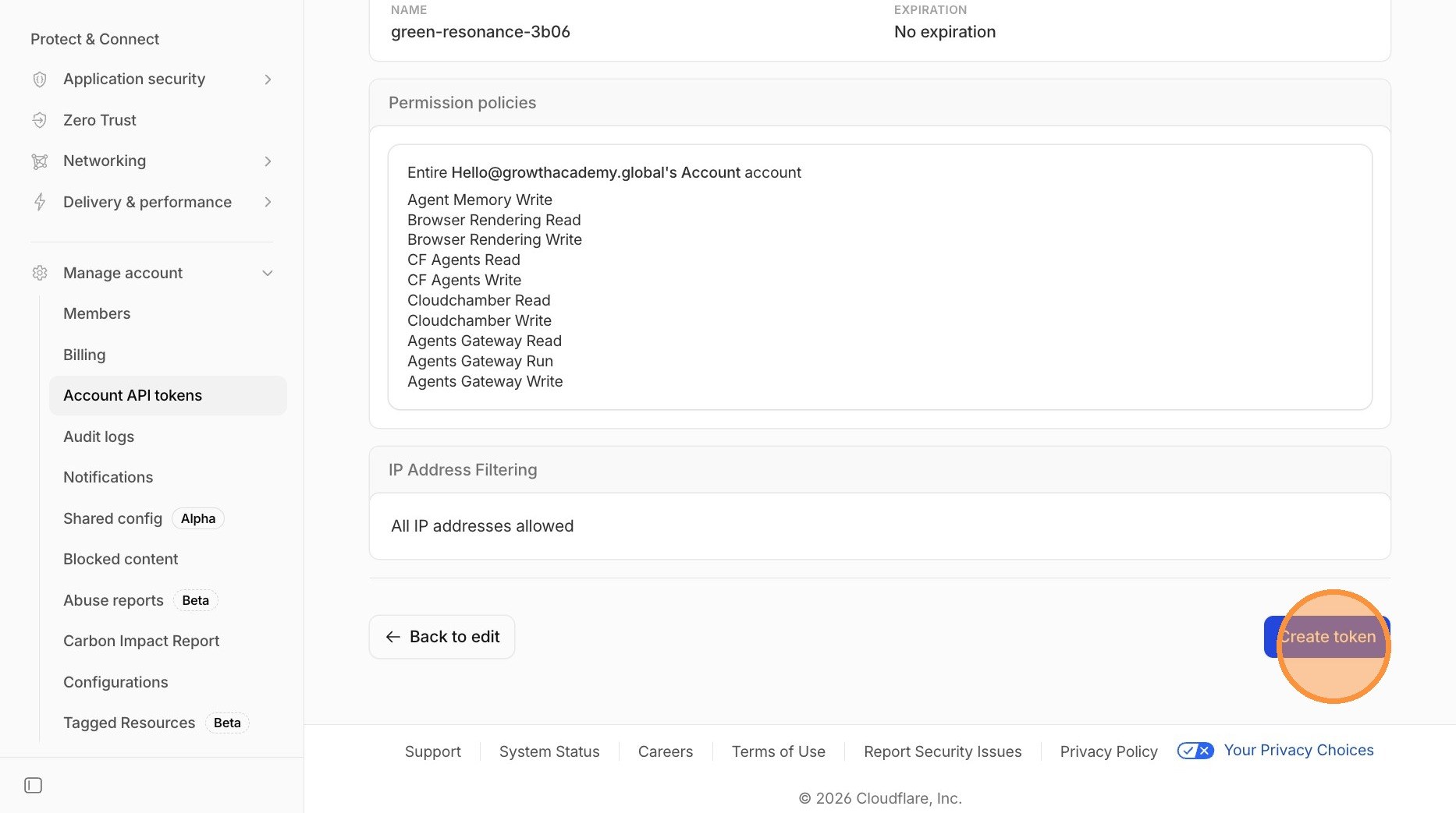 Cloudflare Create token confirmation button
