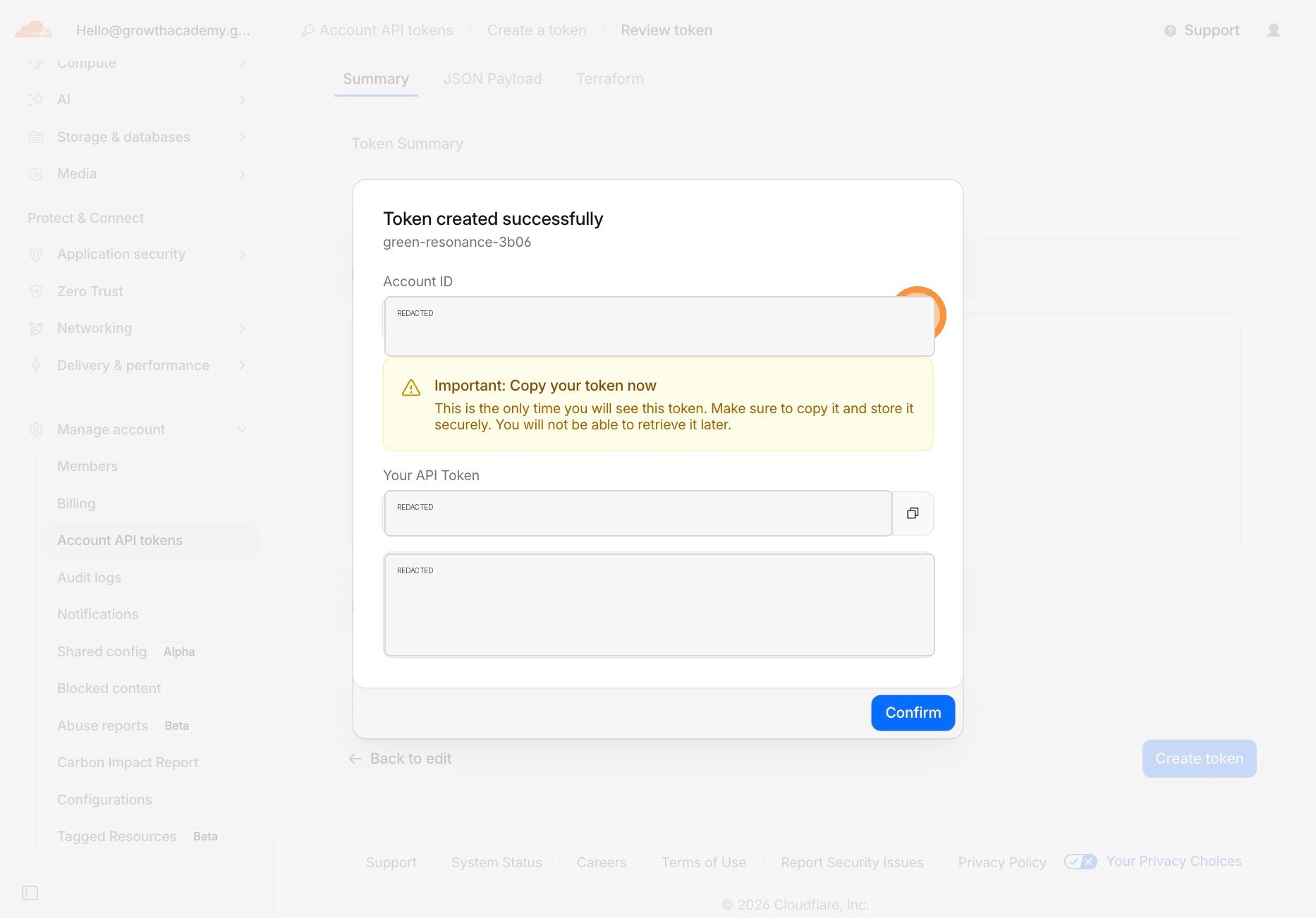 Cloudflare token created screen with account ID and token redacted