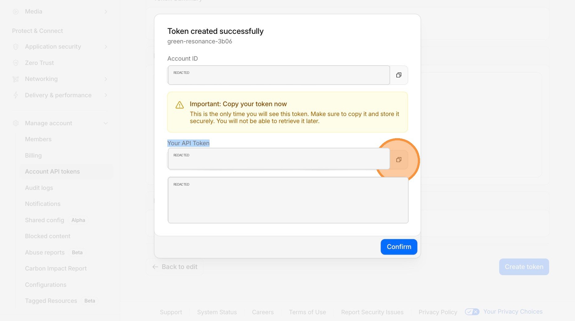 Cloudflare copy API token screen with sensitive values redacted