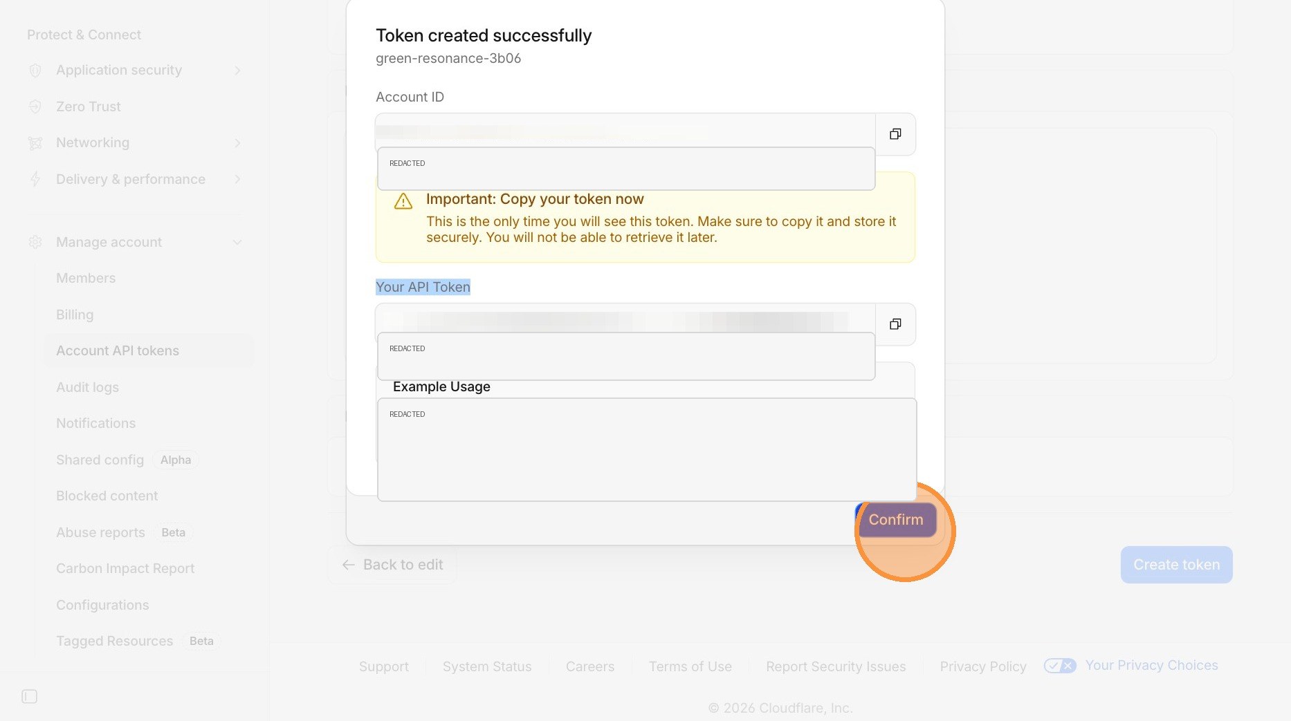 Cloudflare Confirm button after token creation with sensitive values redacted